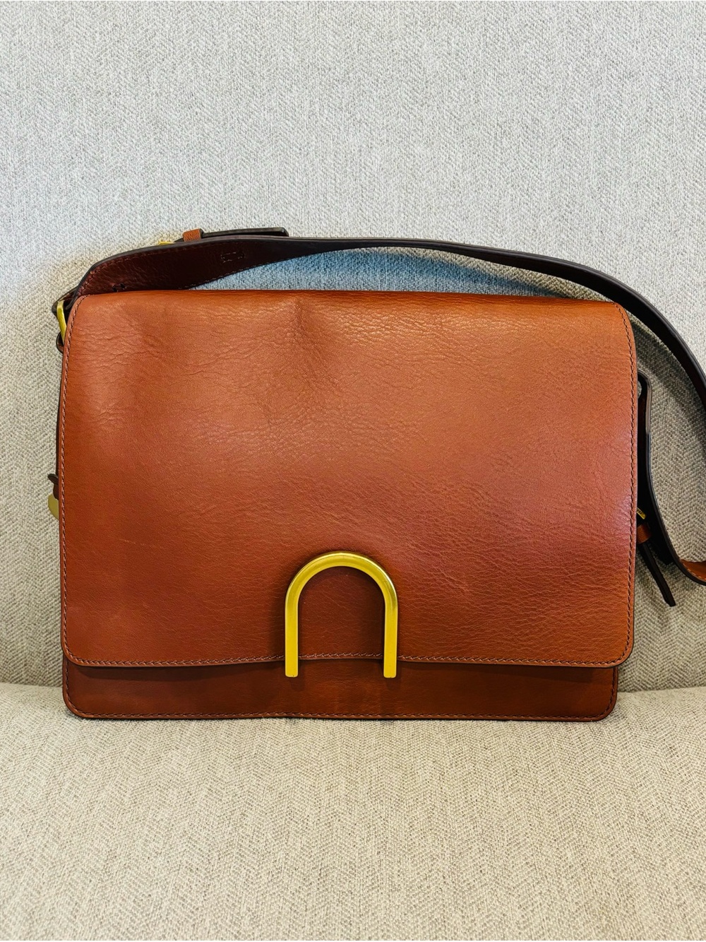 Fossil Finley Cognac Leather Shoulder Bag with Gold Accent